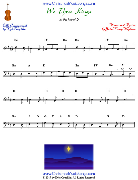 We Three Kings for cello, arranged to play along with strings, woodwinds, and brass.