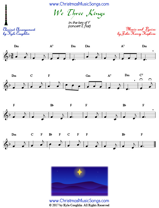 We Three Kings clarinet sheet music, arranged to play along with other wind and brass instruments.