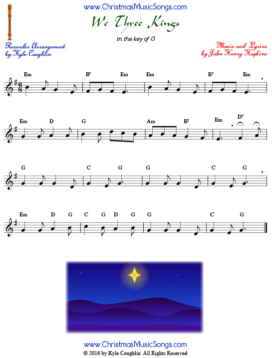 The Christmas carol We Three Kings for recorder in the key of G.