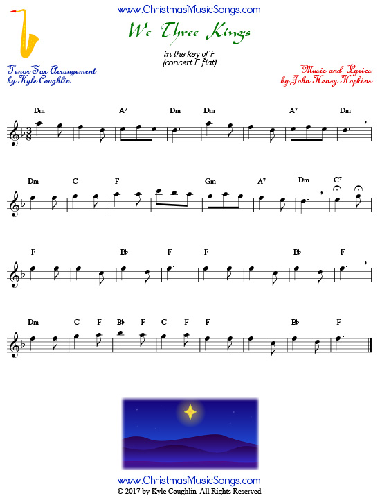 We Three Kings tenor saxophone sheet music, arranged to play along with other wind and brass instruments.
