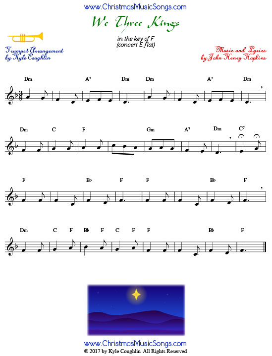 We Three Kings trumpet sheet music, arranged to play along with other wind and brass instruments.
