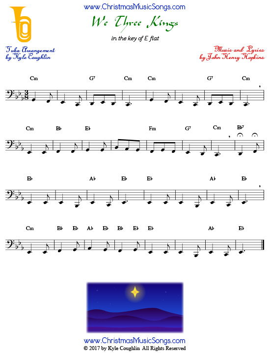 We Three Kings tuba sheet music, arranged to play along with other wind and brass instruments.
