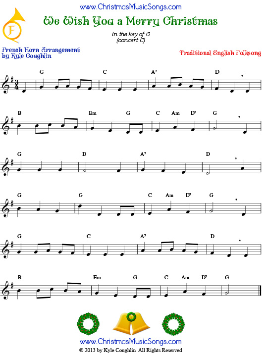 The Christmas carol We Wish You a Merry Christmas, arranged for French horn to play along with other wind, brass, and string instruments.