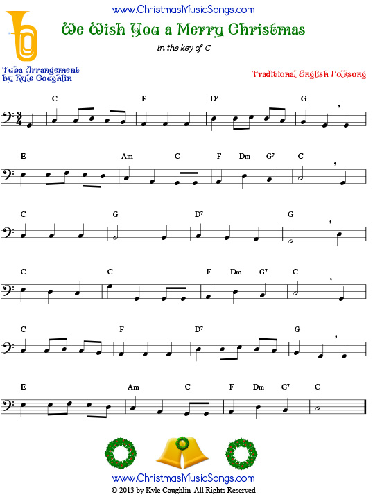 The Christmas carol We Wish You a Merry Christmas, arranged for tuba to play along with other wind, brass, and string instruments.