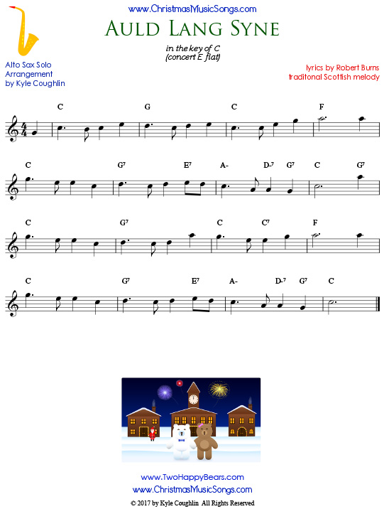Auld Lang Syne sheet music for alto saxophone solo.