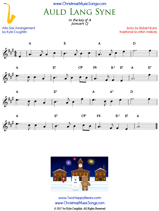 Auld Lang Syne alto saxophone sheet music, arranged to play along with other wind and brass instruments.