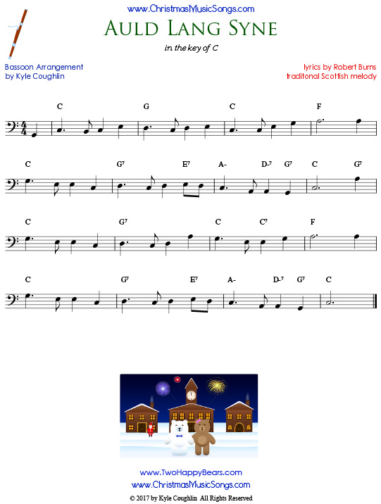 Auld Lang Syne bassoon sheet music, arranged to play along with other wind, brass, and string instruments.