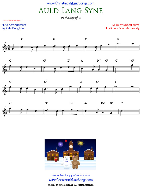 Auld Lang Syne flute sheet music, arranged to play along with other wind, brass, and string instruments.