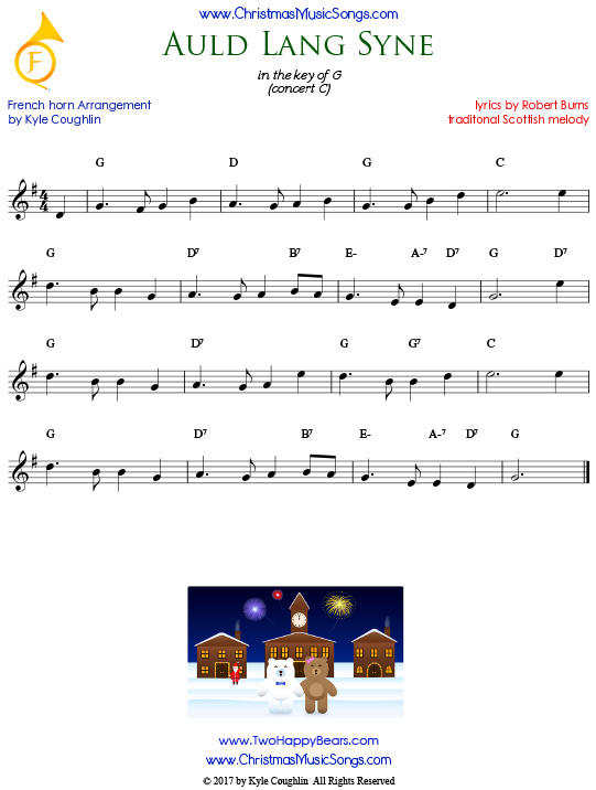 Auld Lang Syne French horn sheet music, arranged to play along with other wind, brass, and string instruments.