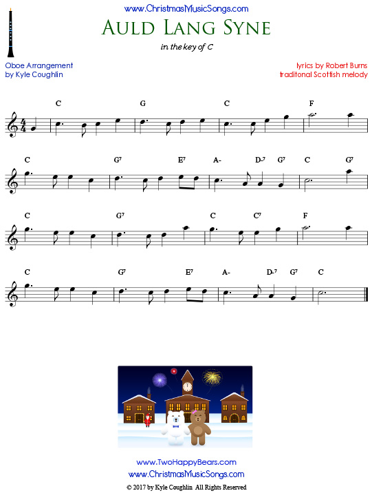 Auld Lang Syne oboe sheet music, arranged to play along with other wind, brass, and string instruments.