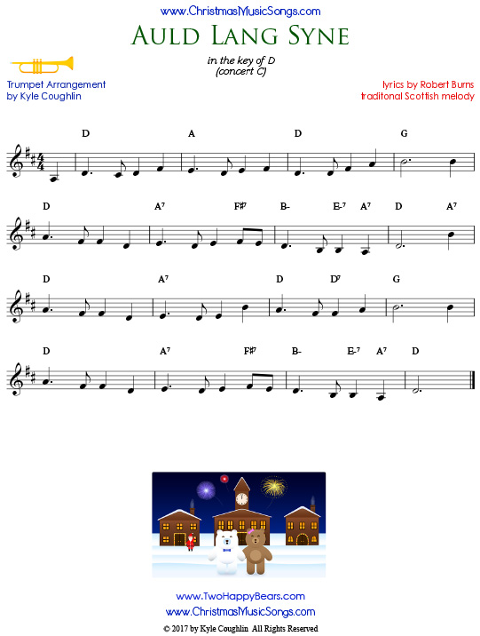 Auld Lang Syne trumpet sheet music, arranged to play along with other wind and brass instruments.