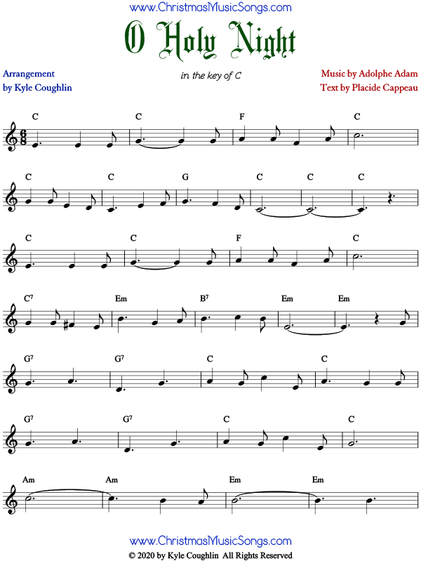 Sheet music for O Holy Night. Free printable PDF.
