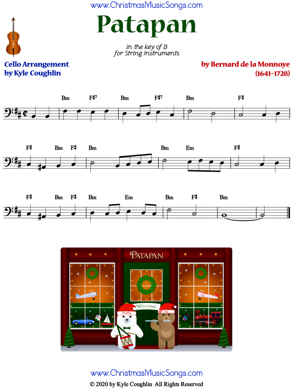 Patapan cello sheet music, arranged to play solo or with other string instruments.