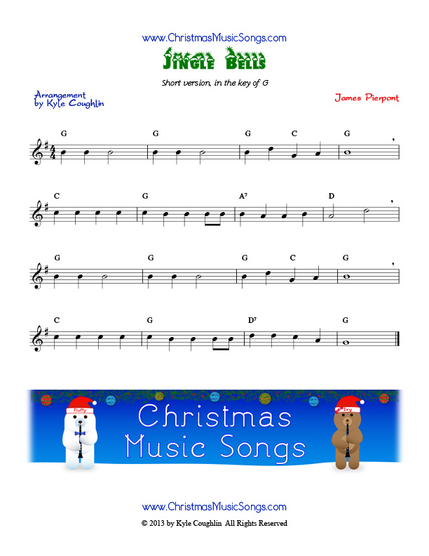 Free sheet music for Jingle Bells and over two dozen more Christmas carols.
