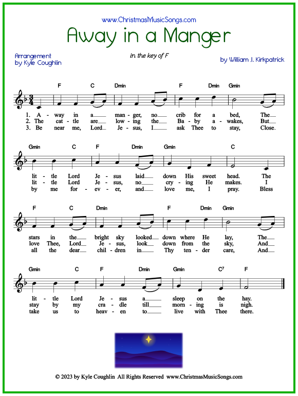 Free printable lead sheet and lyrics for Away in a Manger by William J. Kirkpatrick