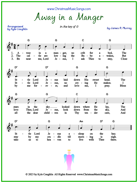 Free printable lead sheet and lyrics for Away in a Manger by James R. Murray