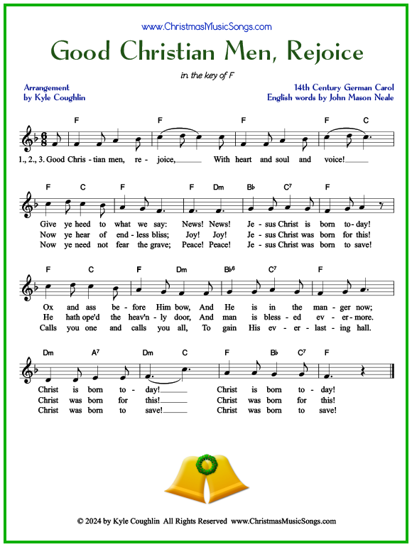 Free printable lead sheet and lyrics for Good Christian Men, Rejoice